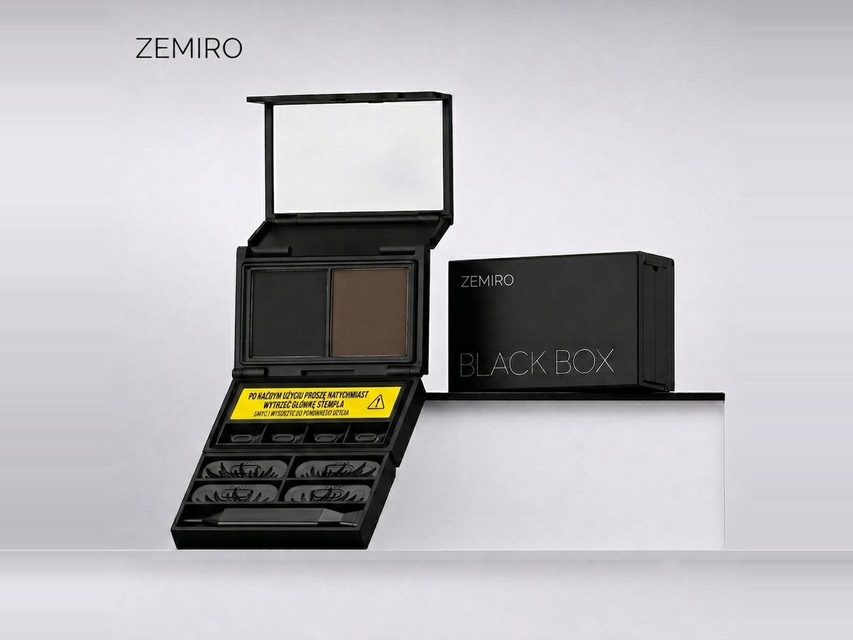 Zemiro Black Box — otwarty zestaw do makijażu oczu 3w1 z lusterkiem, poduszką z tuszem i stemplami